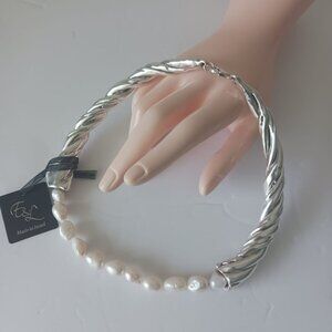 E&L Sterling Silv 925 Electroform Collar Necklace Genuine Pearl Israel 18" long